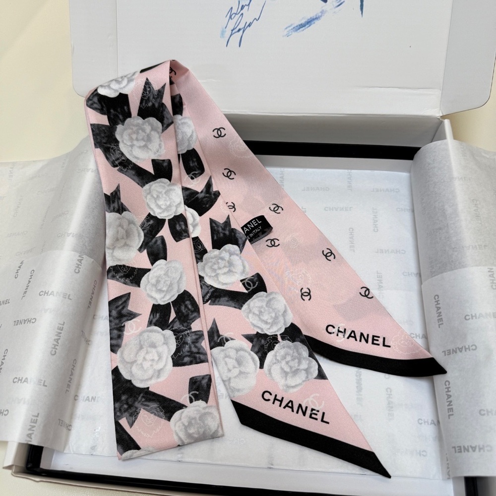 Chanel Camellia Print Pink Twilly Scarf - 100% Authentic - Picture 4 of 9